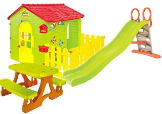 Ihrisko - záhradný domček s plotom + Tobogán 198 cm + stôl